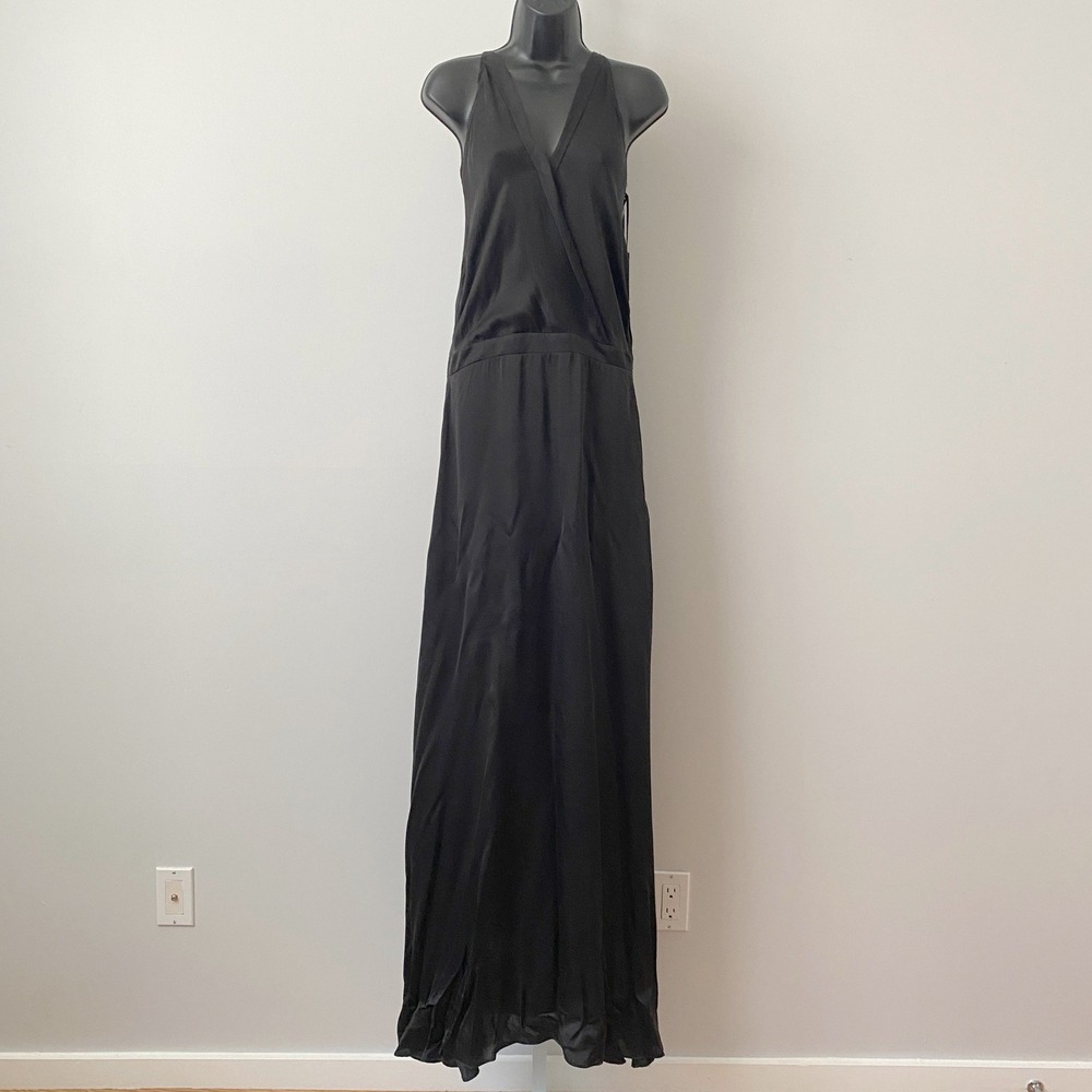 Unveil Silk Dainty Clean Minimalist Sleeveless V-Neck Maxi Gown Dress L Black